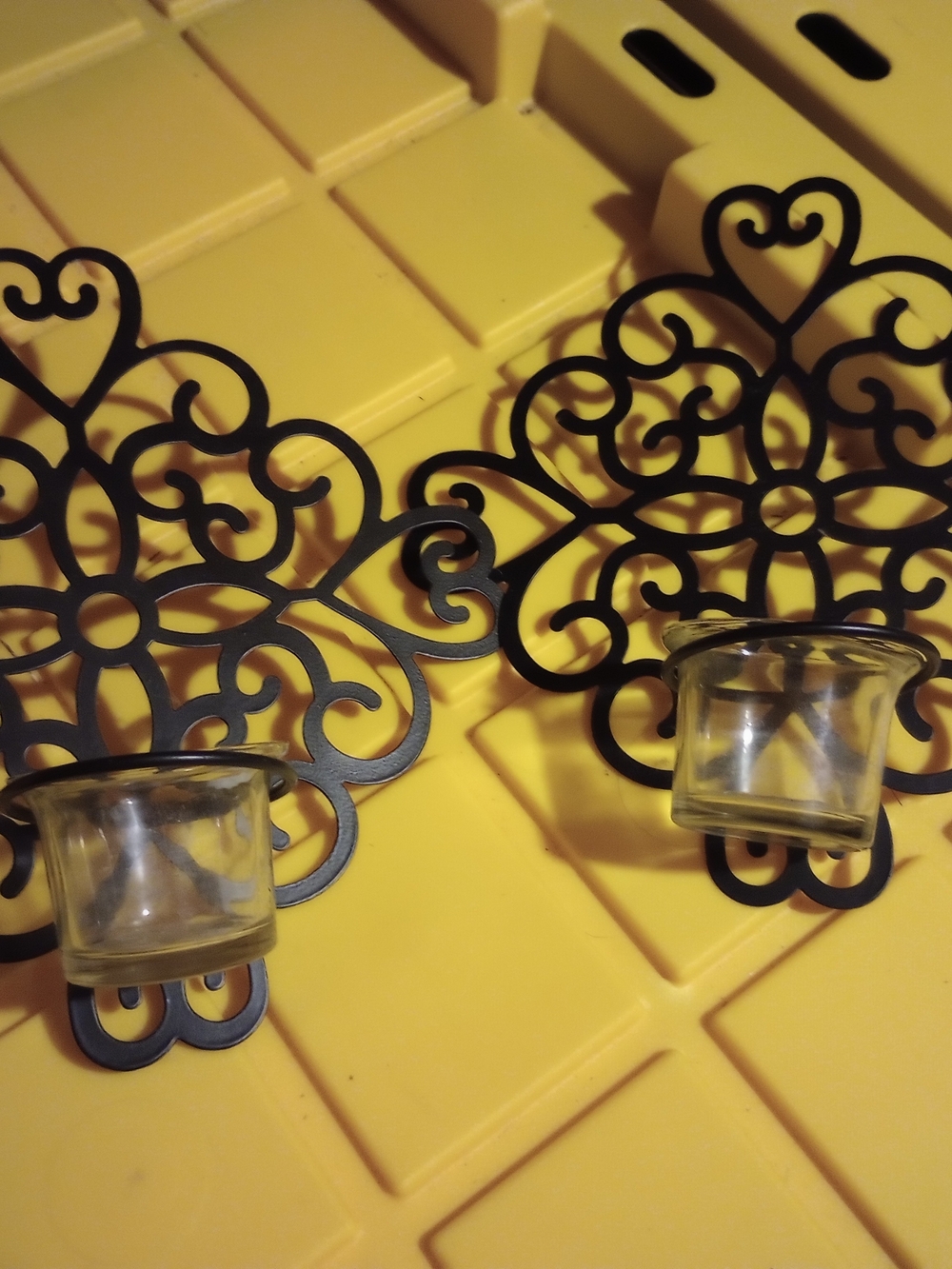 Black Filigree Wall Candle Holders with Clear Glass Cups - Set Of 2